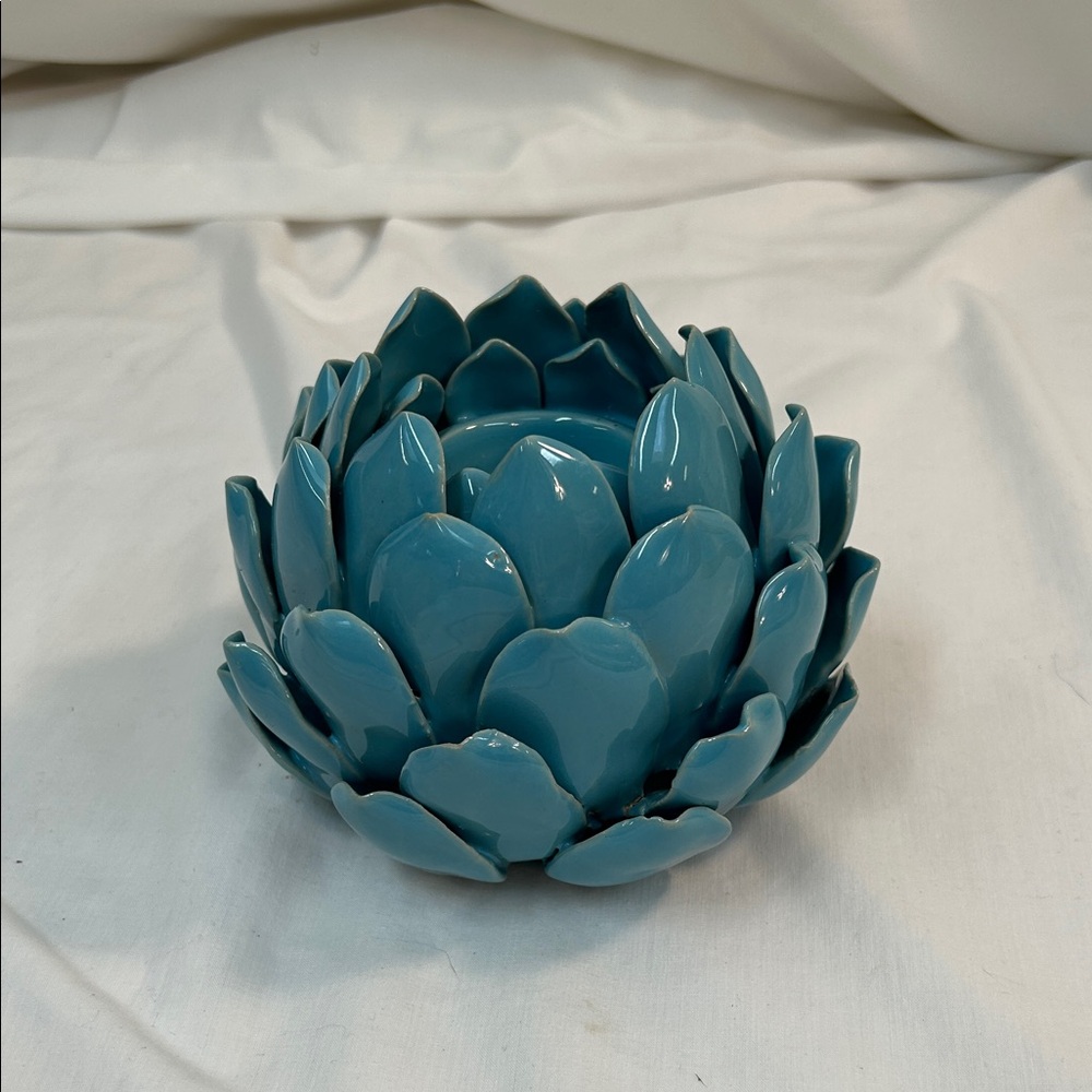 Blue Ceramic Glazed Lotus Flower / Artichoke Votive Candle Holder